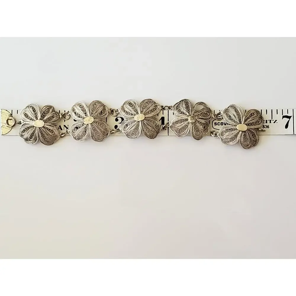 Vintage Silver Filigree Four Clover Link Bracelet – 6.25 in